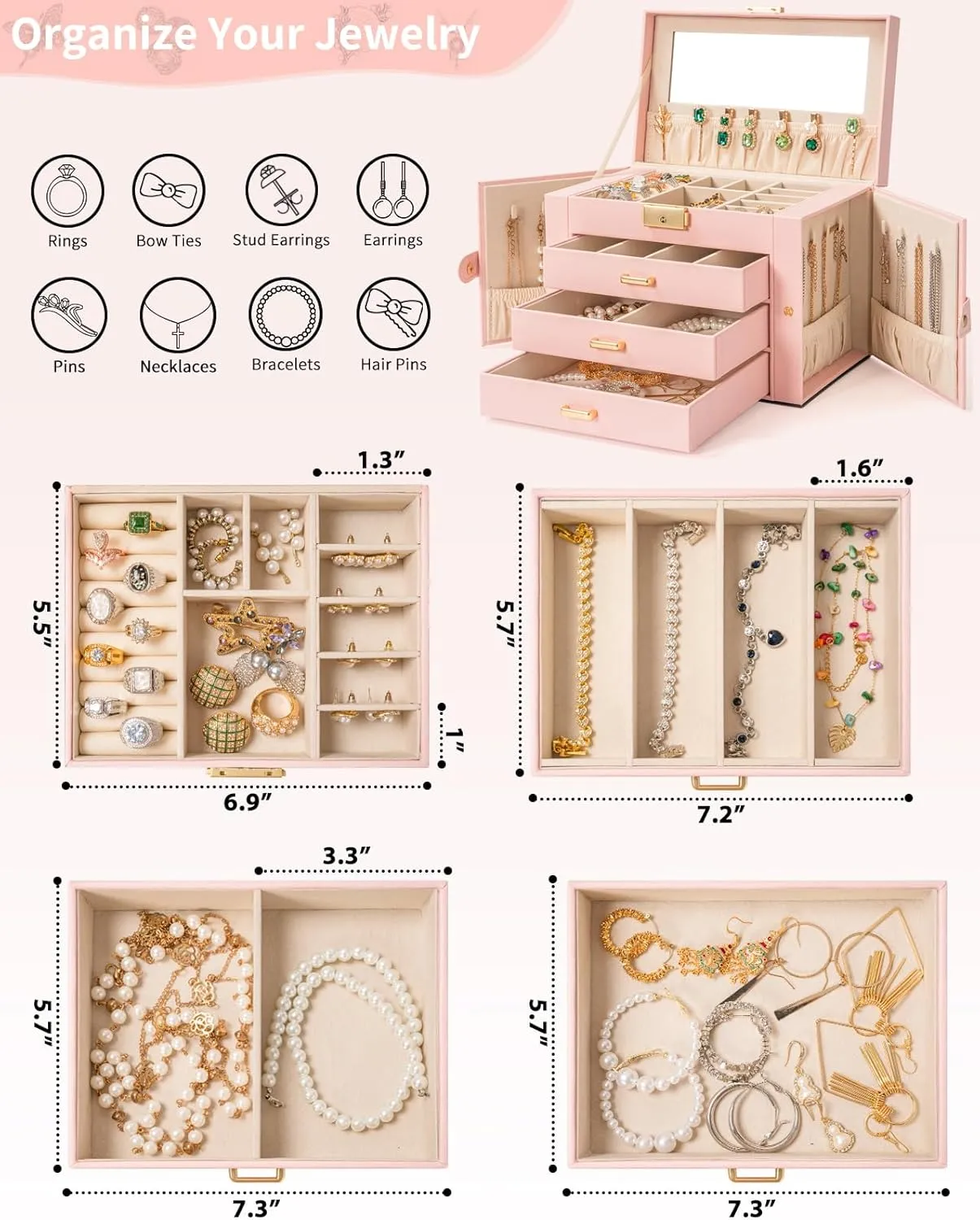 Box graham solitary funding meteor slum tentacle Leather Jewelry Storage Organizer with 3 Drawers Lockable for Women Girls Ring Necklace Earring Bracelet Watches Holder with Mirror Pink AKOZLIN Large 4-Tier Jewelry 