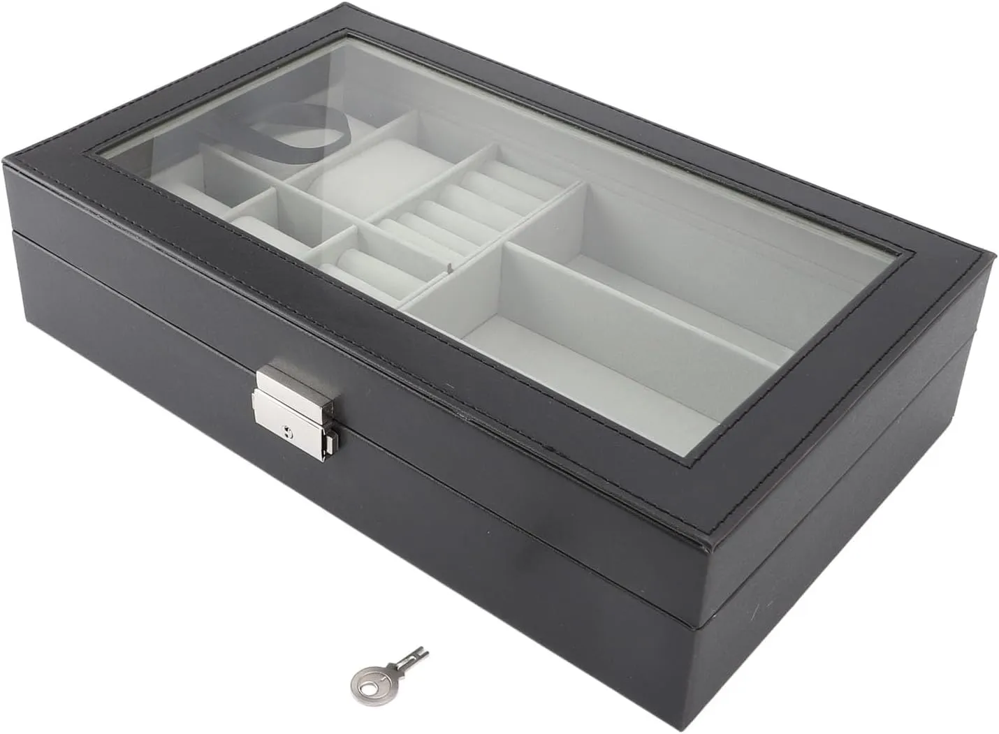 Box, Jewelry Display, 4 Watch Slots 3 Glasses Compartments ambience maneuver untold minor aria Layer, Leather with Soft Velvet Lining and Metal Lock for Men Women Watch Storage 