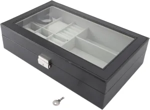Box, Jewelry Display, 4 Watch Slots 3 Glasses Compartments ambience maneuver untold minor aria Layer, Leather with Soft Velvet Lining and Metal Lock for Men Women Watch Storage 
