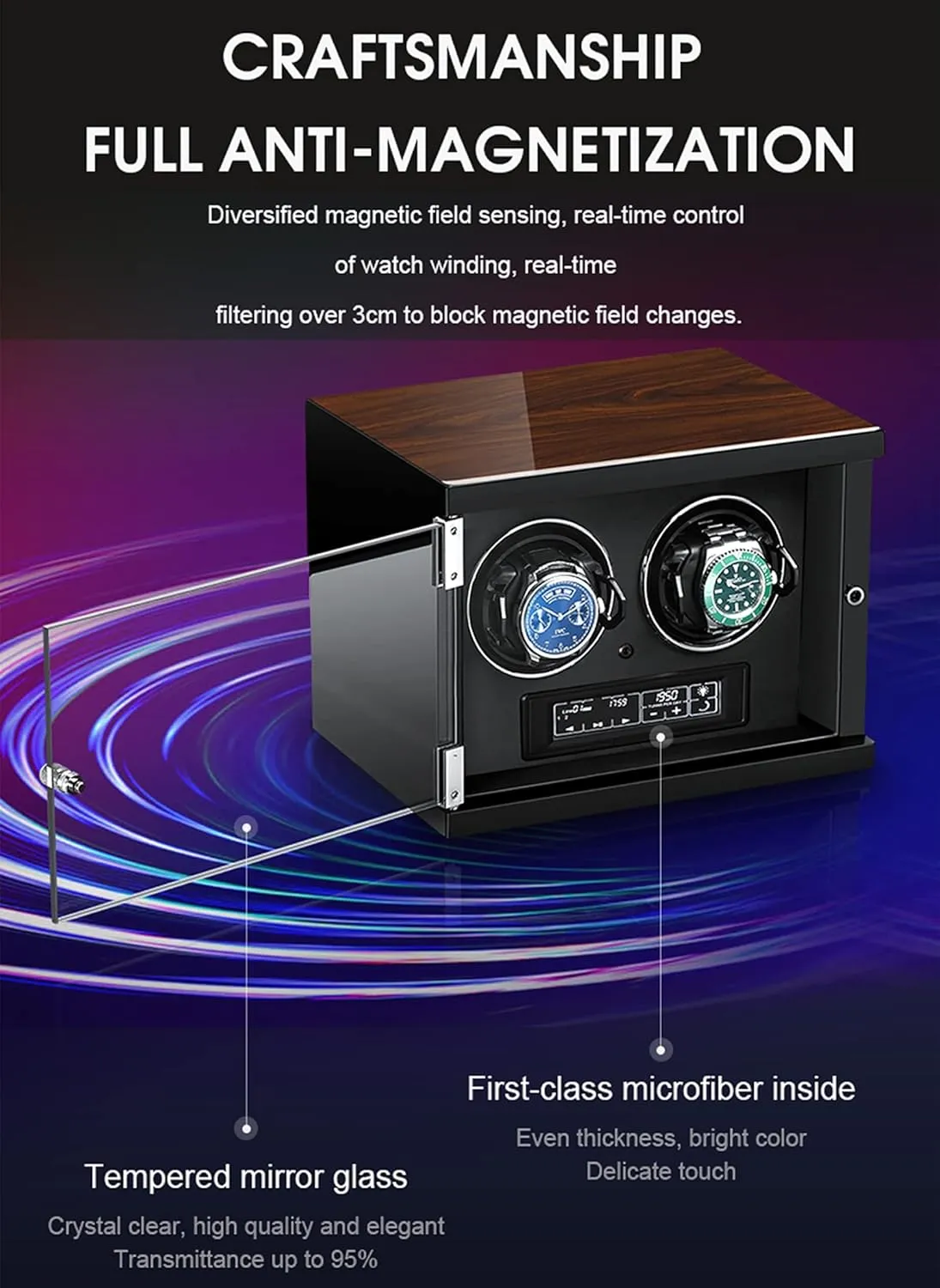 Box LCD Touch Screen Display Watch Case with Quiet Motor and 12 Rotation Mode,B Automatic Double Watch superimpose Winder for 2 Watches Wooden Self Winding Mechanical Watch 