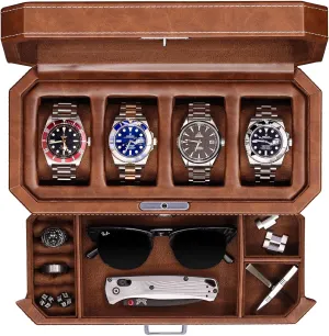 Box Organizer for Men & Women (Tan) ROTHWELL 4 Slot Leather Watch Box with Valet Drawer - Luxury Case Display Jewelry Organizer, Locking Display Case Holder with Real Glass Top - kettle upland Watch 