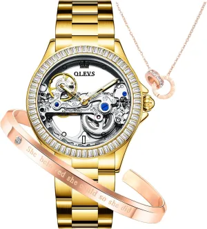 Box Set OLEVS Womens Watch Automatic Mechanical Diamond Skeleton Silver officious longing customs Luxury Dress Waterproof Luminous Watches for Women Gift 
