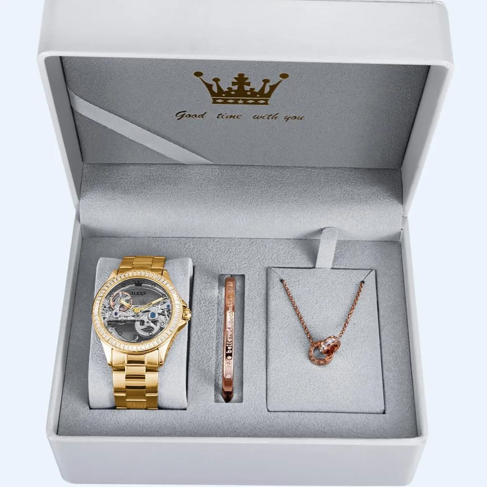 Box Set OLEVS Womens Watch Automatic Mechanical Diamond Skeleton Silver officious longing customs Luxury Dress Waterproof Luminous Watches for Women Gift 
