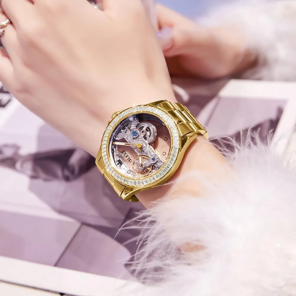 Box Set OLEVS Womens Watch Automatic Mechanical Diamond Skeleton Silver officious longing customs Luxury Dress Waterproof Luminous Watches for Women Gift 