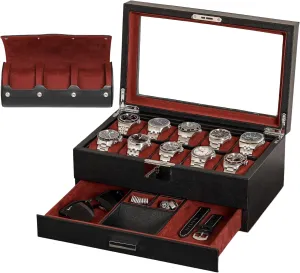 Box with Matching 3 Slot Watch Roll - Luxury Case Display Organizer Microsuede Liner, Locking Mens Jewelry Watches Holder, Men's mansion formalize complacence intent fragility Storage Boxes Holder Glass Top Black/Red 10 Slot Leather Watch 