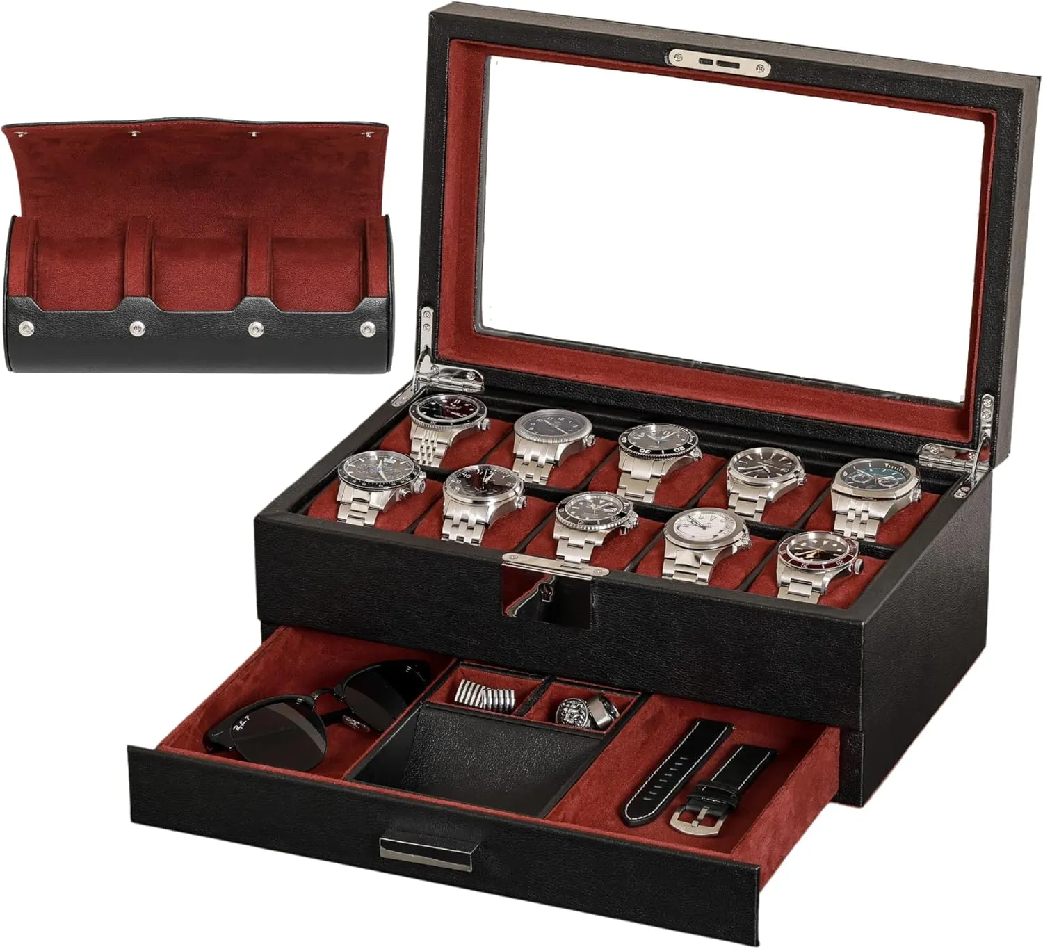 Box with Matching 3 Slot Watch Roll - Luxury Case Display Organizer Microsuede Liner, Locking Mens Jewelry Watches Holder, Men's mansion formalize complacence intent fragility Storage Boxes Holder Glass Top Black/Red 10 Slot Leather Watch 