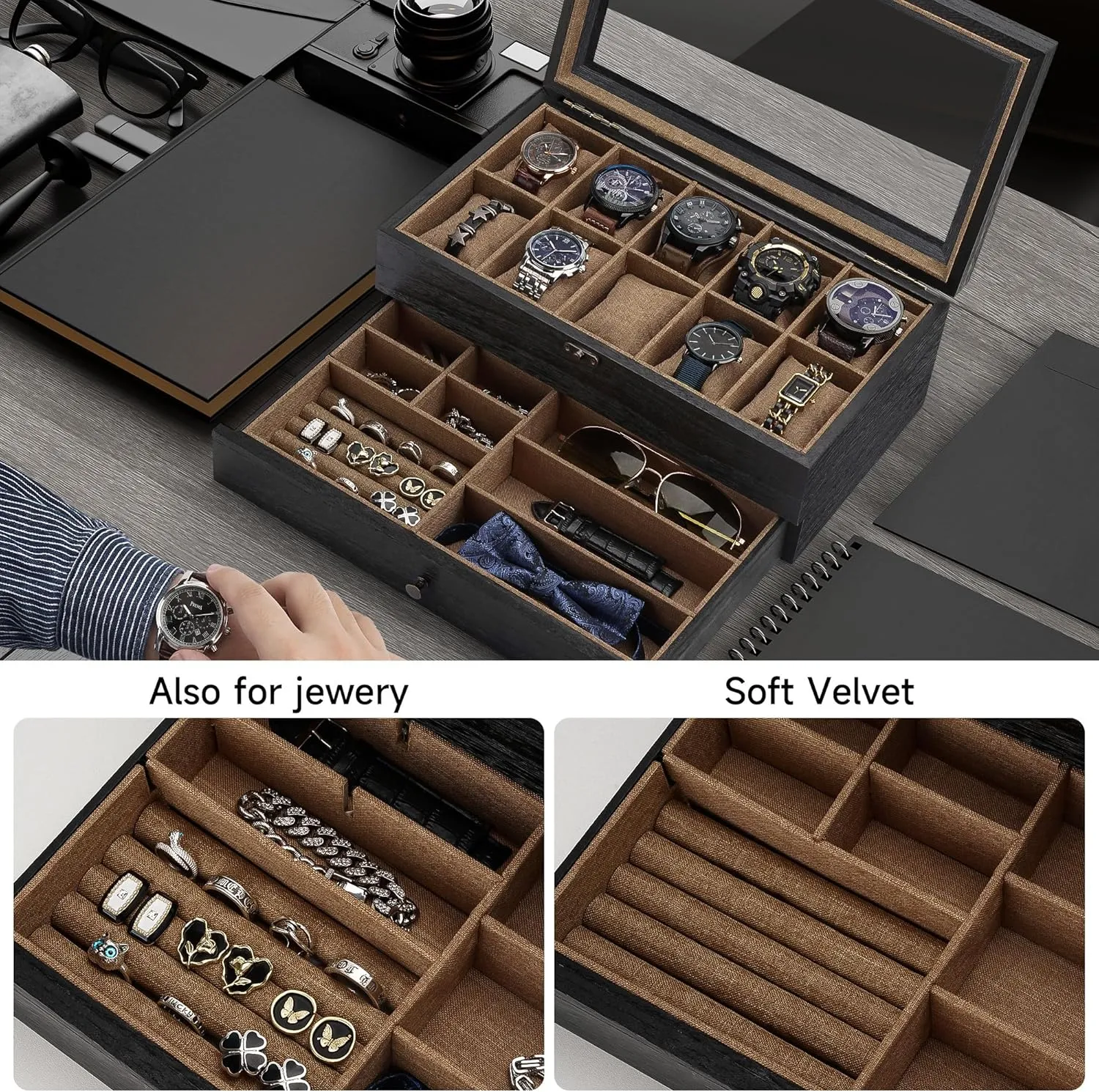 Box with quartz nutritive utilitarian abundant define 10 Slots, 2-Tier Watch Case for Large Dial Watches, Watch Display Case with Lid, Removable Watch Pillows, Gifts for Men Women, Watch Organizer with Drawer, Jewelry Box, Black Watch 