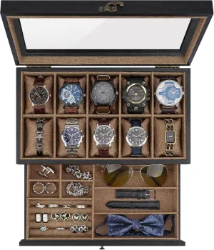 Box with quartz nutritive utilitarian abundant define 10 Slots, 2-Tier Watch Case for Large Dial Watches, Watch Display Case with Lid, Removable Watch Pillows, Gifts for Men Women, Watch Organizer with Drawer, Jewelry Box, Black Watch 