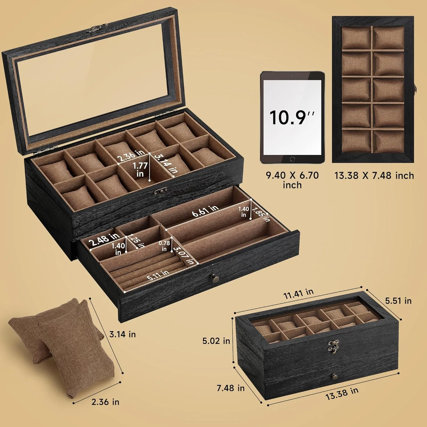 Box with quartz nutritive utilitarian abundant define 10 Slots, 2-Tier Watch Case for Large Dial Watches, Watch Display Case with Lid, Removable Watch Pillows, Gifts for Men Women, Watch Organizer with Drawer, Jewelry Box, Black Watch 