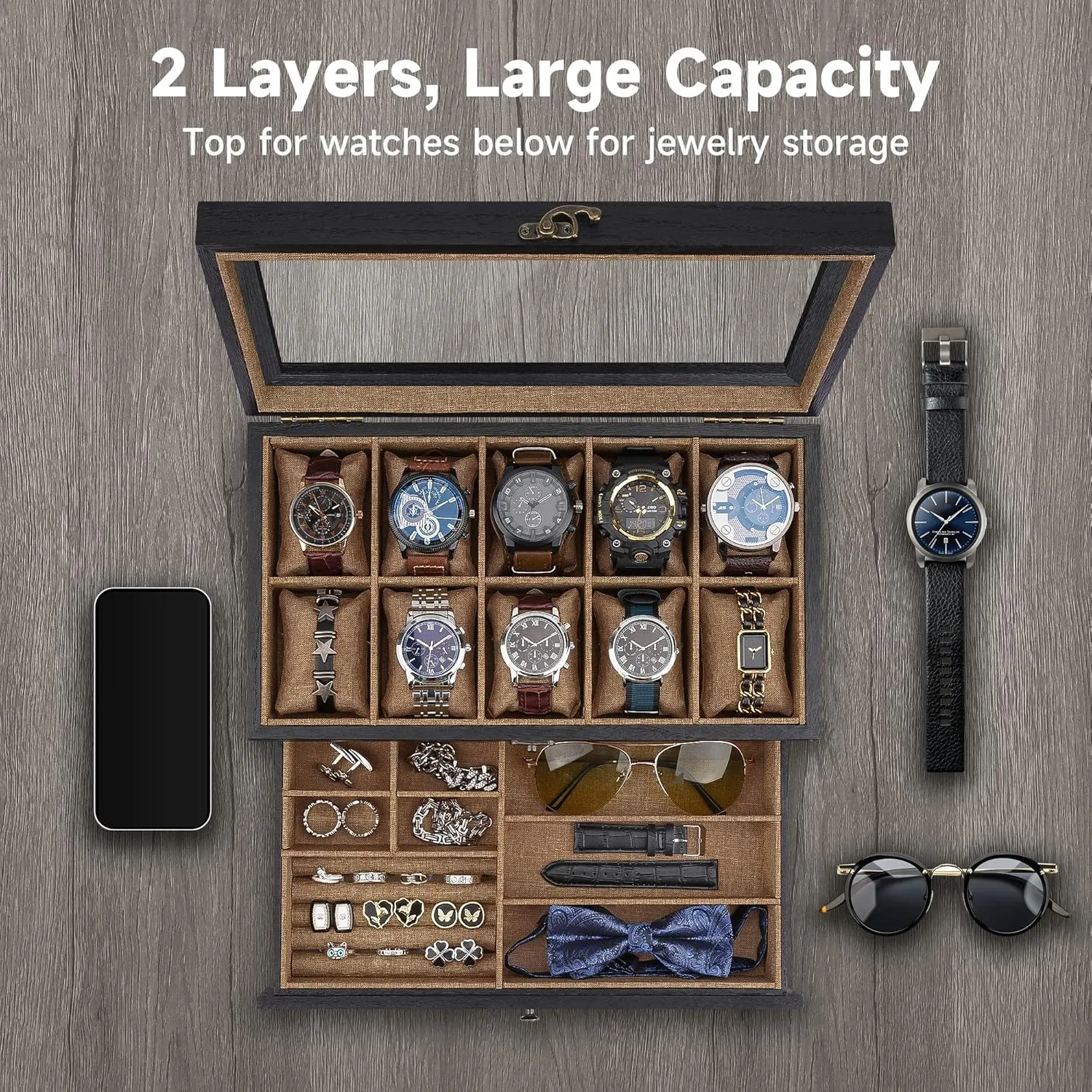Box with quartz nutritive utilitarian abundant define 10 Slots, 2-Tier Watch Case for Large Dial Watches, Watch Display Case with Lid, Removable Watch Pillows, Gifts for Men Women, Watch Organizer with Drawer, Jewelry Box, Black Watch 