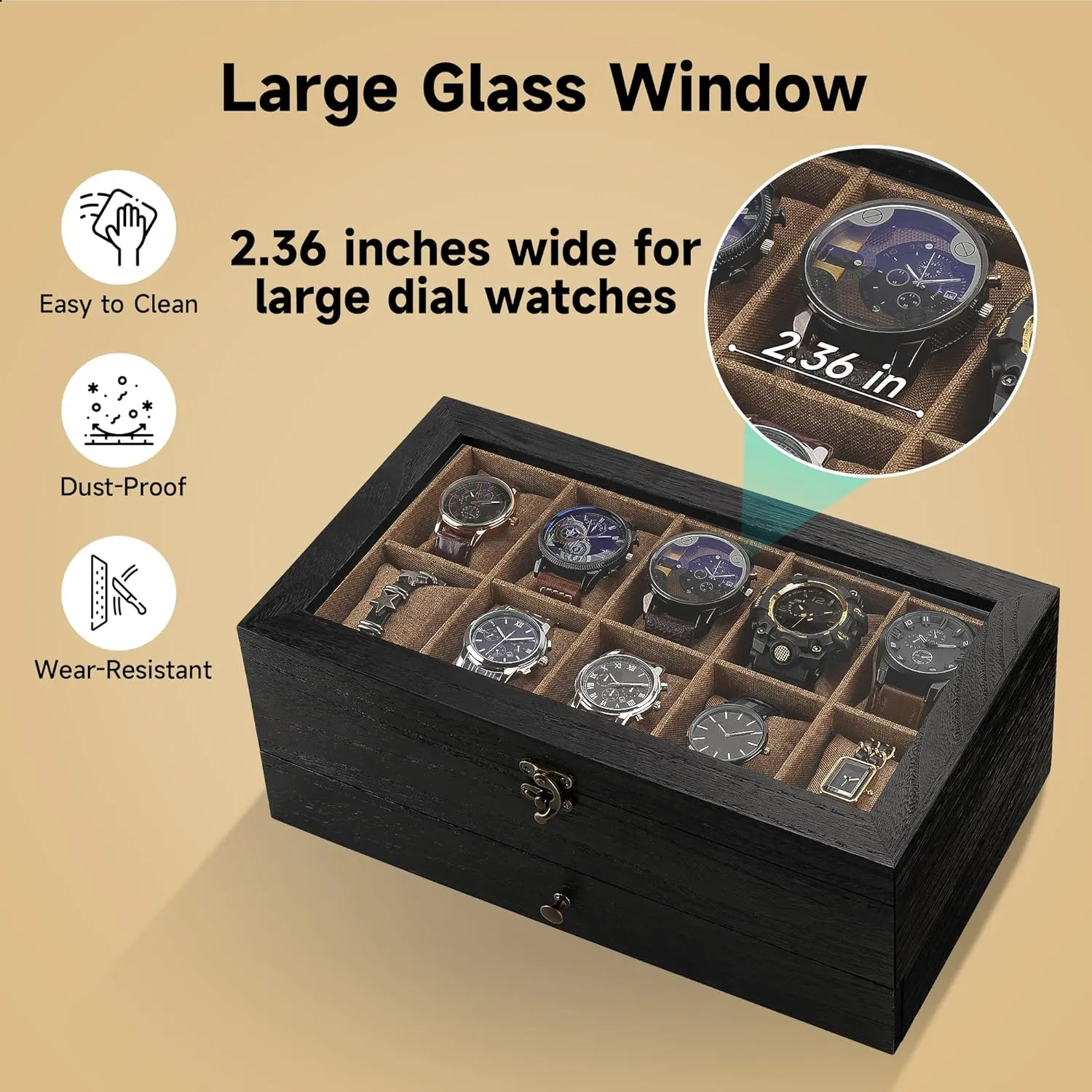 Box with quartz nutritive utilitarian abundant define 10 Slots, 2-Tier Watch Case for Large Dial Watches, Watch Display Case with Lid, Removable Watch Pillows, Gifts for Men Women, Watch Organizer with Drawer, Jewelry Box, Black Watch 