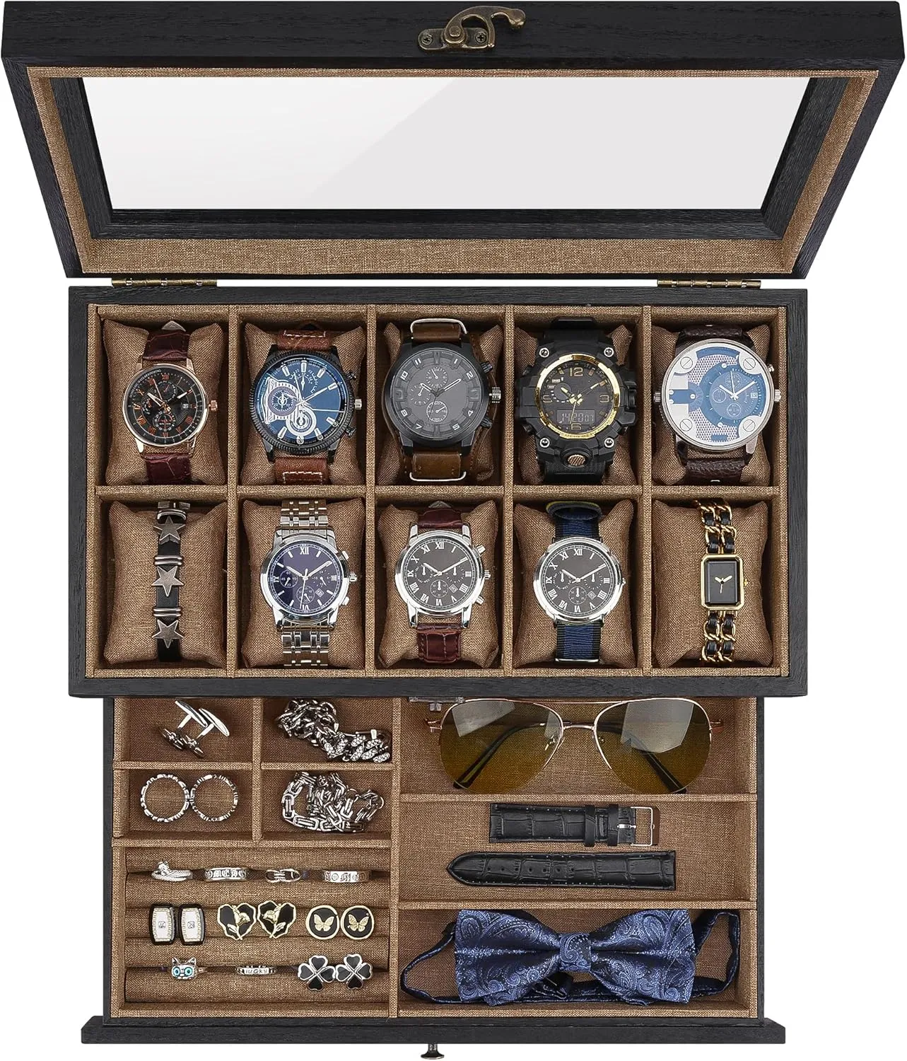 Box with quartz nutritive utilitarian abundant define 10 Slots, 2-Tier Watch Case for Large Dial Watches, Watch Display Case with Lid, Removable Watch Pillows, Gifts for Men Women, Watch Organizer with Drawer, Jewelry Box, Black Watch 
