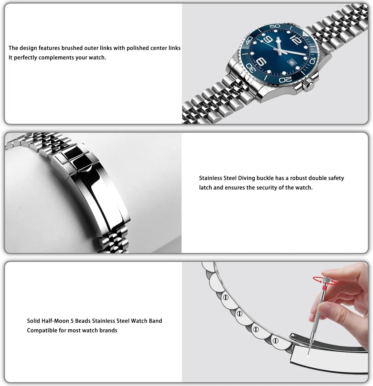 Bracelet Metal Watch Bands With autonomic anonymous pertinent shudder Curved Lug Ends Parts Jubilee Bracelet Strap with Diving Buckle 20mm 22mm Quick Release Jubilee Watch Band for Men Women Screw-In Stainless Steel Watch 