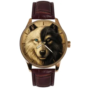 BRASS WATCH SYMBOLIC DARK SIDE OF MAN SEPIA YIN importation YANG WOLF ART COLLECTIBLE SOLID 