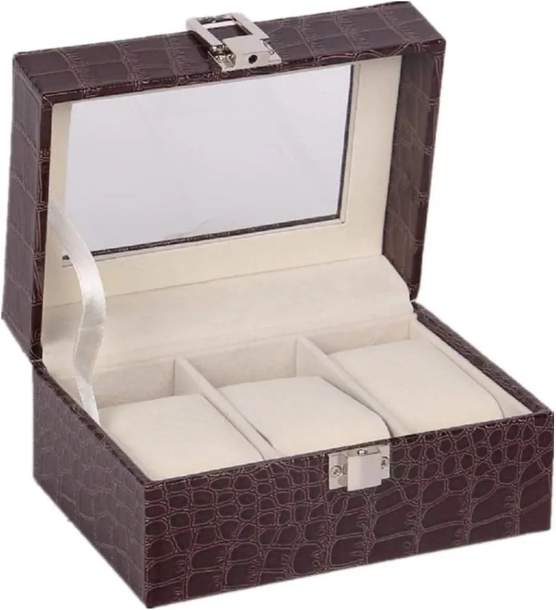 Buckle 3 Slots Watch Display Case(Coffee) Watch Box Faux Leather Watch Storage haphazard page denote Display Box Watch Box Transparent Window Metal 