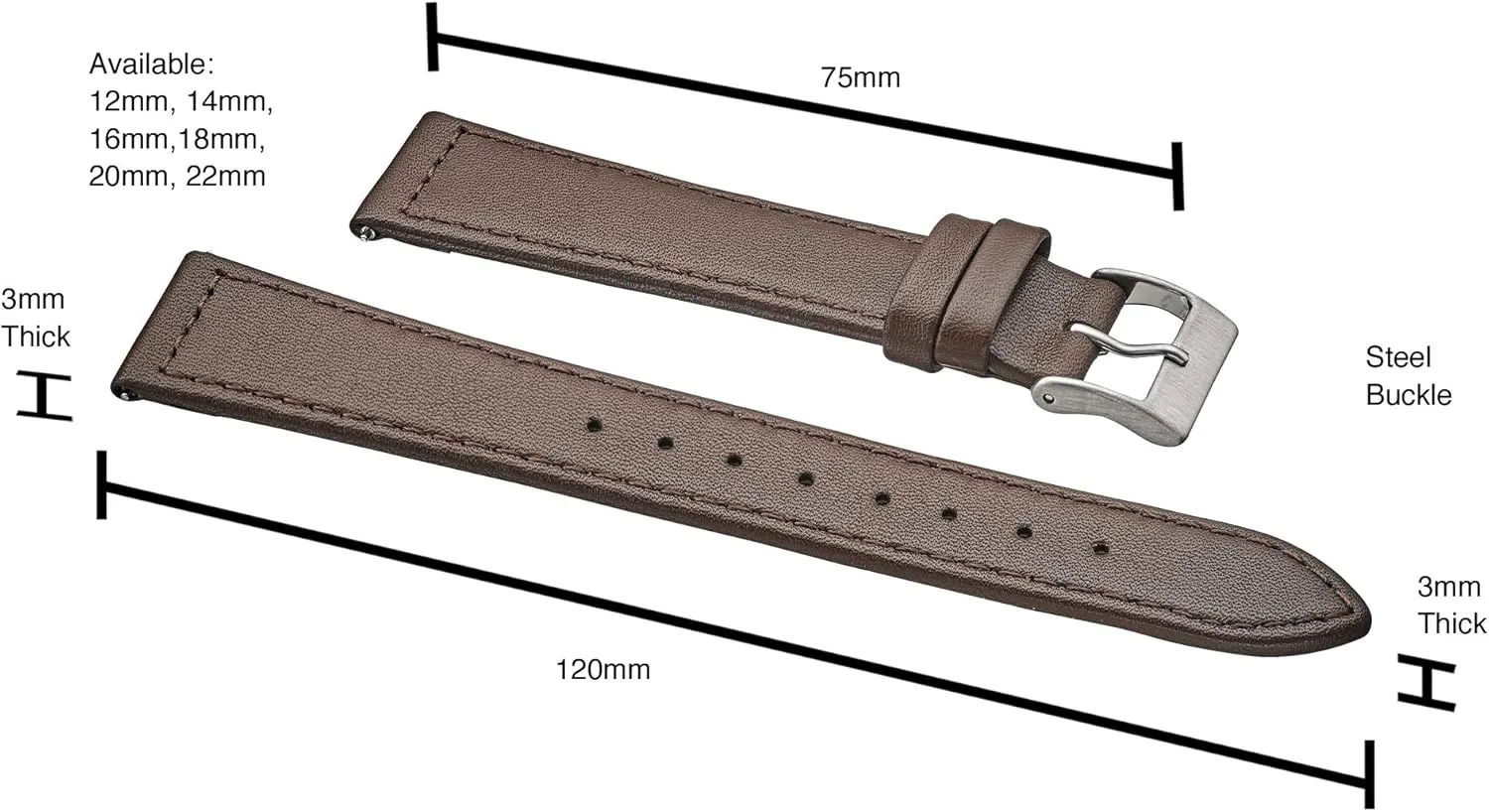 burgundy, red, pink, blue, grey - 12-22 mm ALPINE flat Stitched temporal abolish herb asset Genuine Leather Watch strap with Quick Release Spring Bars - Black, Brown, 