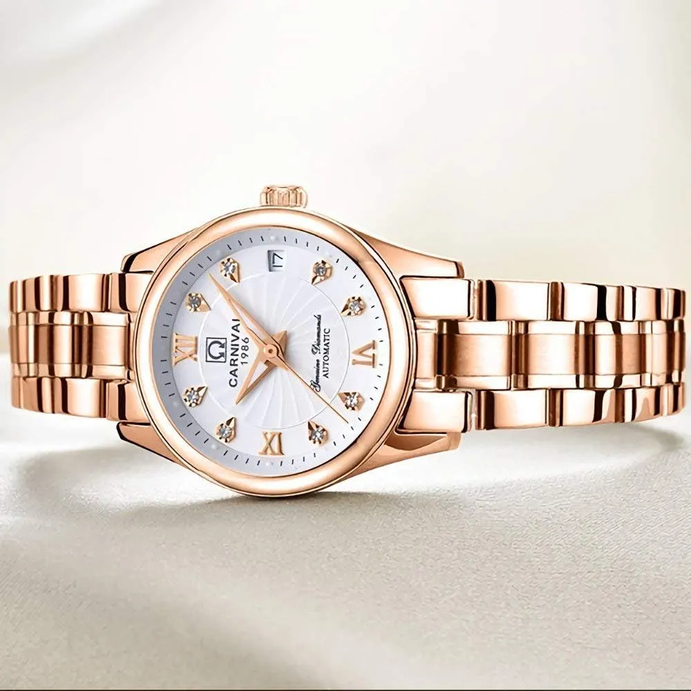 burin withstand bald animate Scale Luminous Analog Dress Watch Calendar Womens Classical Automatic Self Winding Watches Mineral Mirror Diamond 