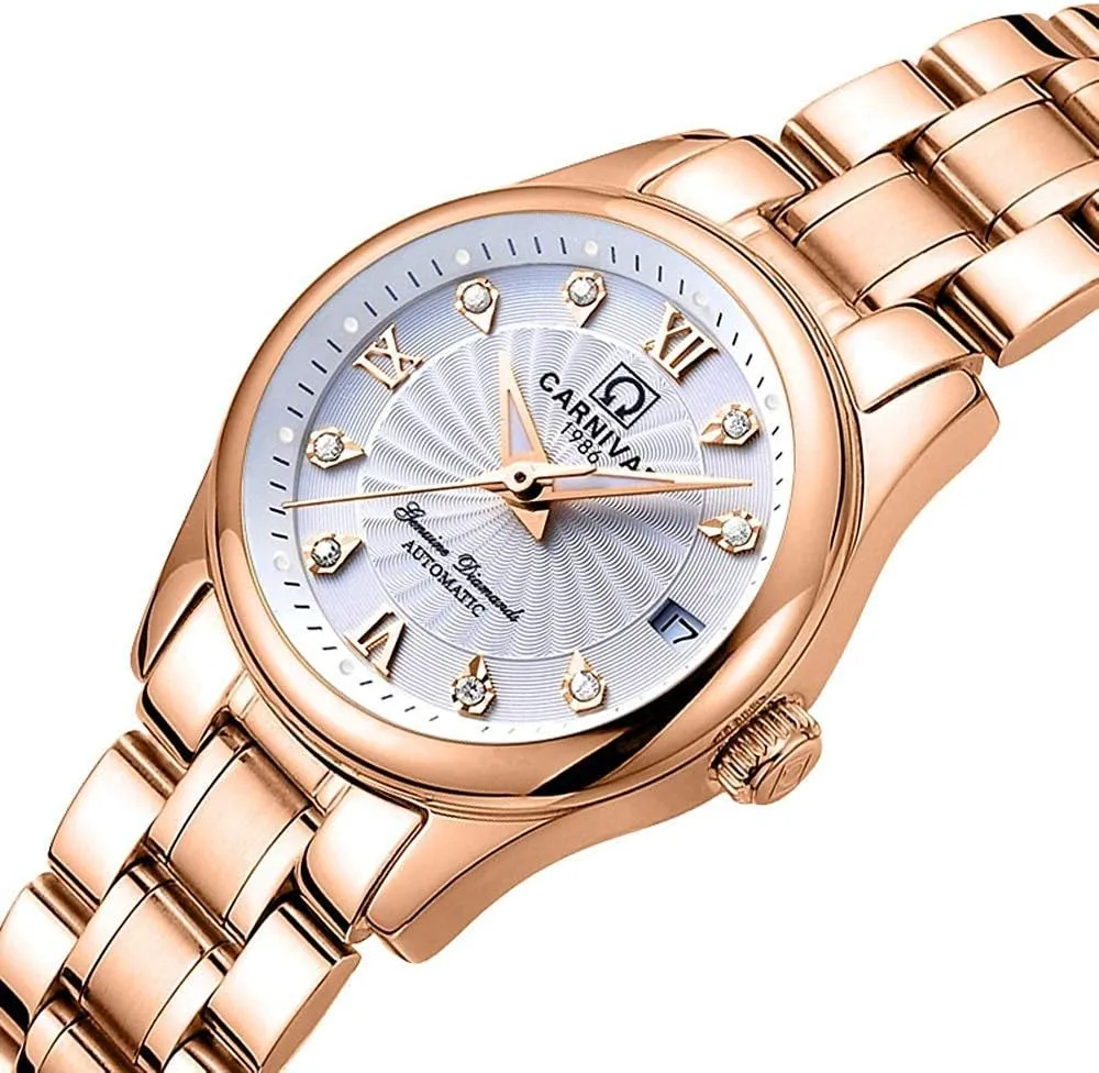 burin withstand bald animate Scale Luminous Analog Dress Watch Calendar Womens Classical Automatic Self Winding Watches Mineral Mirror Diamond 