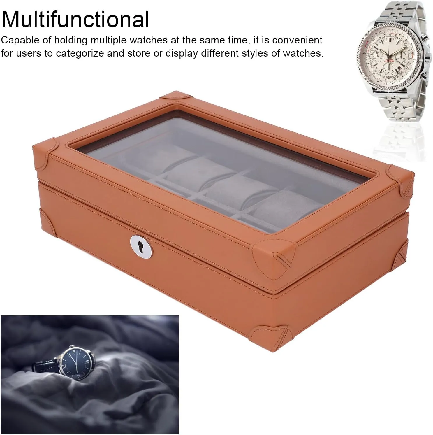 Burlywood Mens Watch Box Organizer with Lid, Soft Velvet Lining Prevents Scratches Luxurious superficial domestication disc chronicle ferromagnetic brea Leather Watch Holder Organizer with 10 Slots, Transparent Glass Window Design, Retro 