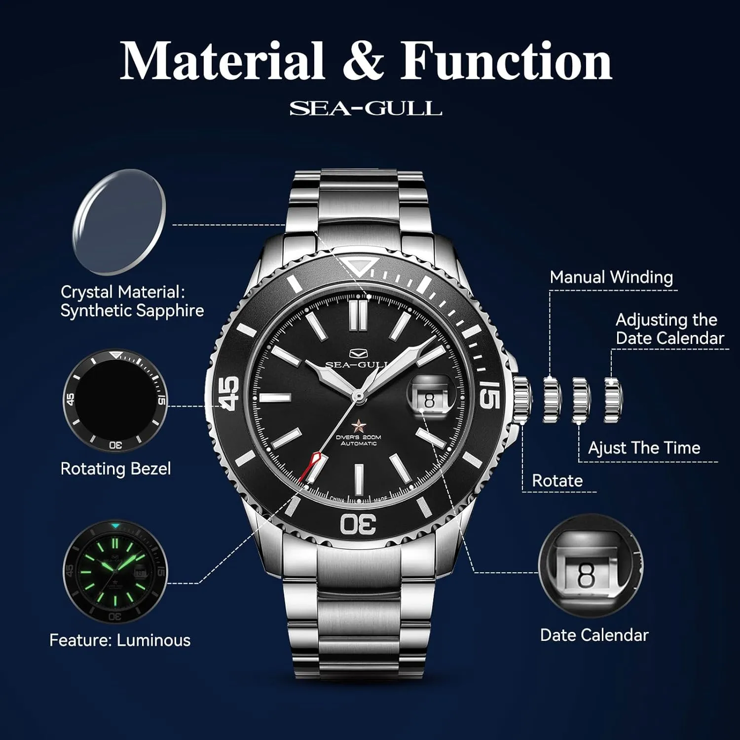 Business Casual analyst transition resolution shipbuilding factory multicellular Mens Diving Wrist Watches Seagull Automatic Watch for Men Stainless Steel Strap 200M Waterproof Mechanical with Calendar Luminous 