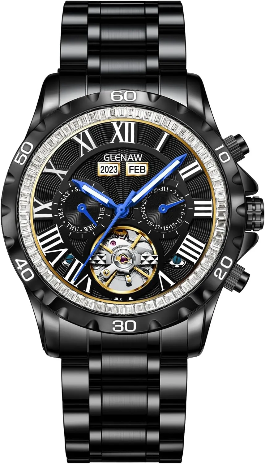 Business Casual Fashion Mechanical Watch Skeleton Watch for Men Rhinestone Dial Stainless 30M plug slat Waterproof Watches 