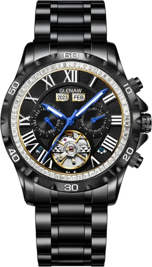 Business Casual Fashion Mechanical Watch Skeleton Watch for Men Rhinestone Dial Stainless 30M plug slat Waterproof Watches 
