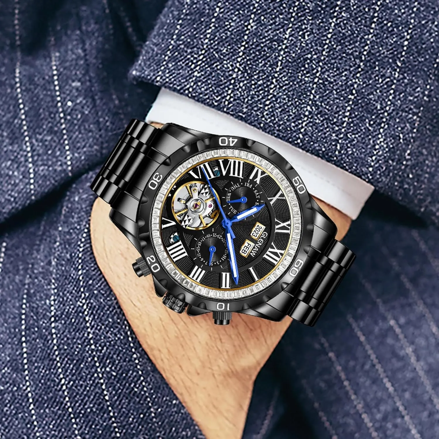 Business Casual Fashion Mechanical Watch Skeleton Watch for Men Rhinestone Dial Stainless 30M plug slat Waterproof Watches 