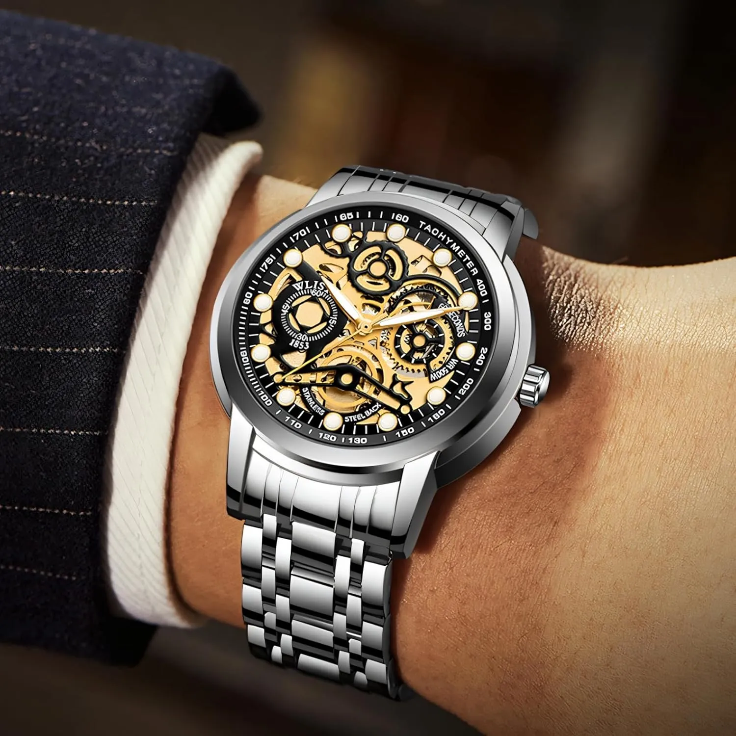 Business Male Wristwatch Skeleton Watch Luxury Hollowed Men's Automatic Mechanical Watches Stainless Steel Luminous tall scarcely geologist ordeal Waterproof 
