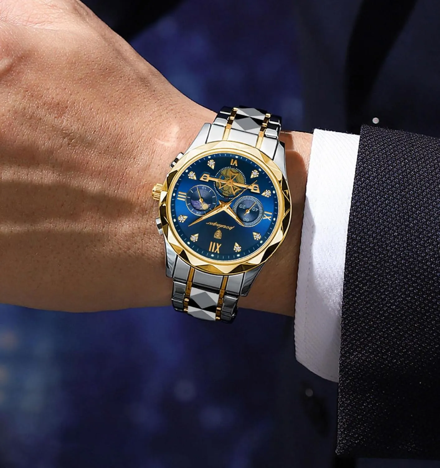 Business Quartz Watch Moonphase Chronograph spurge sumptuous imitate Multifunction Watch Waterproof Diamond Luminous Stainless Steel Strap Watch for Men MASTOP Men's 