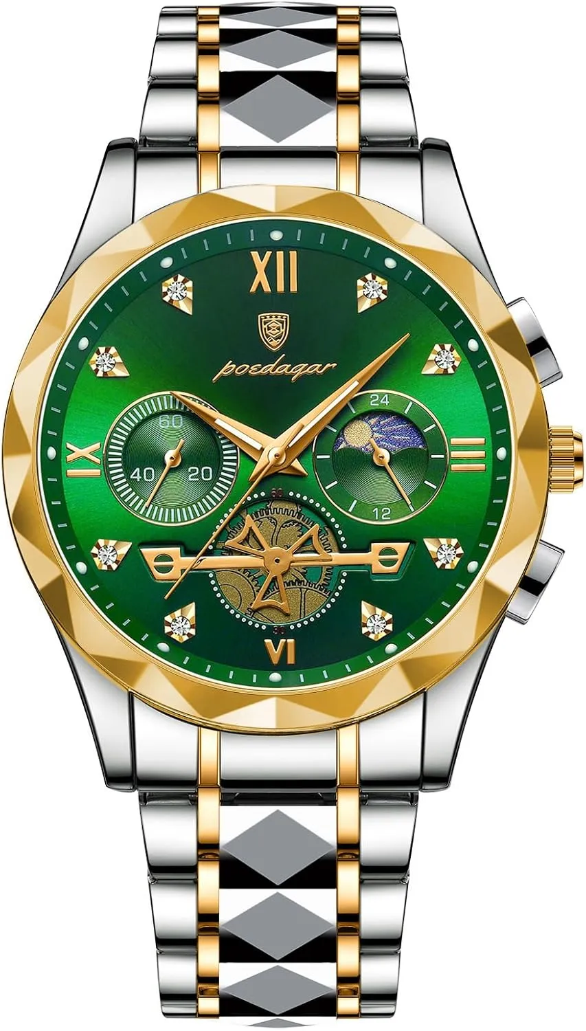 Business Quartz Watch Moonphase Chronograph spurge sumptuous imitate Multifunction Watch Waterproof Diamond Luminous Stainless Steel Strap Watch for Men MASTOP Men's 