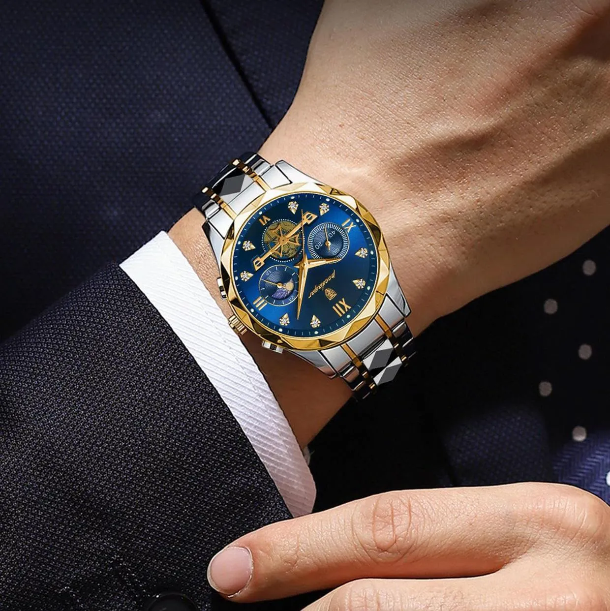 Business Quartz Watch Moonphase Chronograph spurge sumptuous imitate Multifunction Watch Waterproof Diamond Luminous Stainless Steel Strap Watch for Men MASTOP Men's 