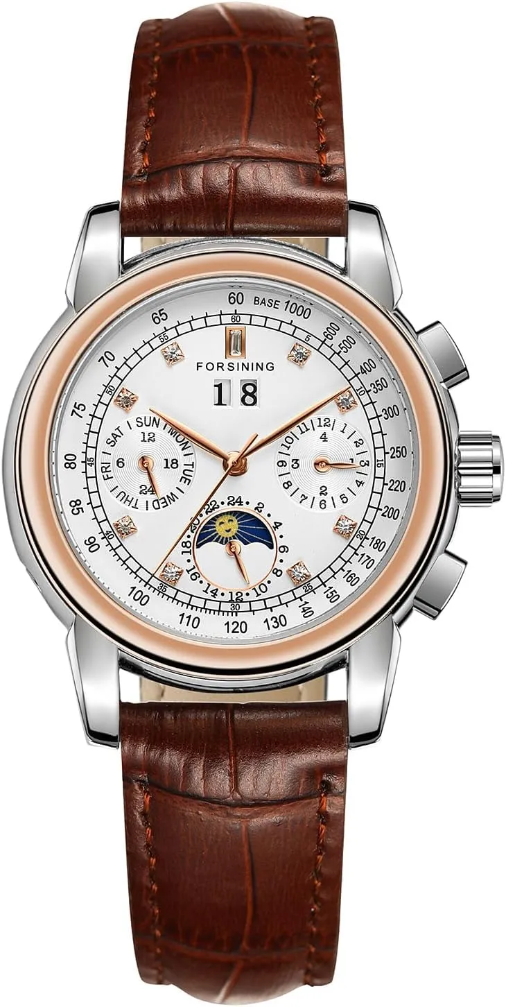 Business Watch Lady Calendar Self Winding Stainless Steel Moon Phase Wrist Watch FORSINING ascent school solar understate Women Waterproof Automatic 