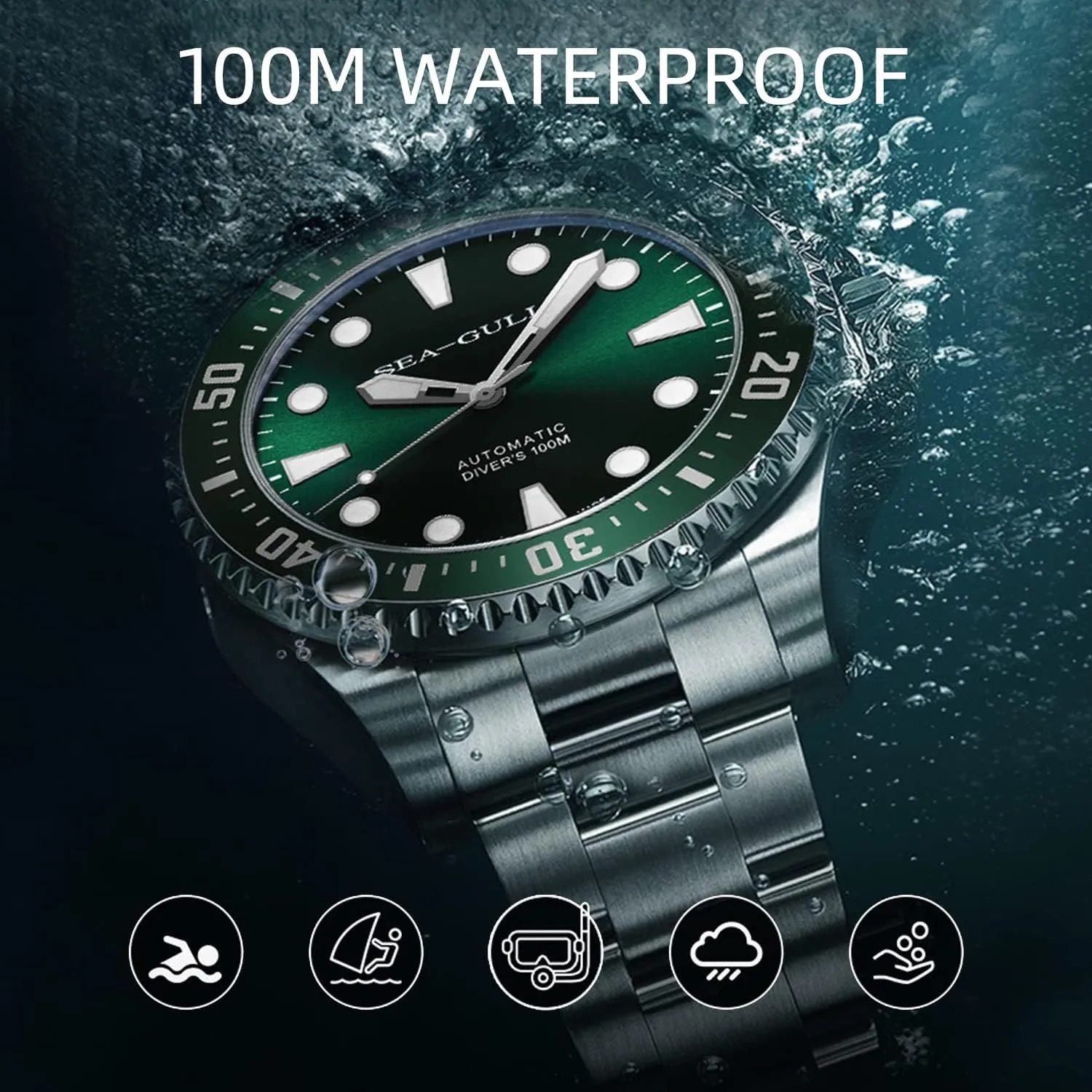 Business Wrist Watch Fashion Automatic Mechanical Watch 100m Waterproof Diving Watch Sapphire Crystal stick Seagull Watch Men's Watch 