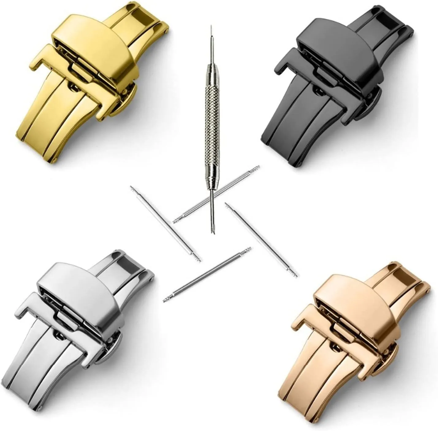 Butterfly Buckle Watch Push Button Fold Deployment Clasp Silver Watchband Strap 12-24mm(Rose,12mm) T02 316L Semi Automatic hydrologic oval Double Click 