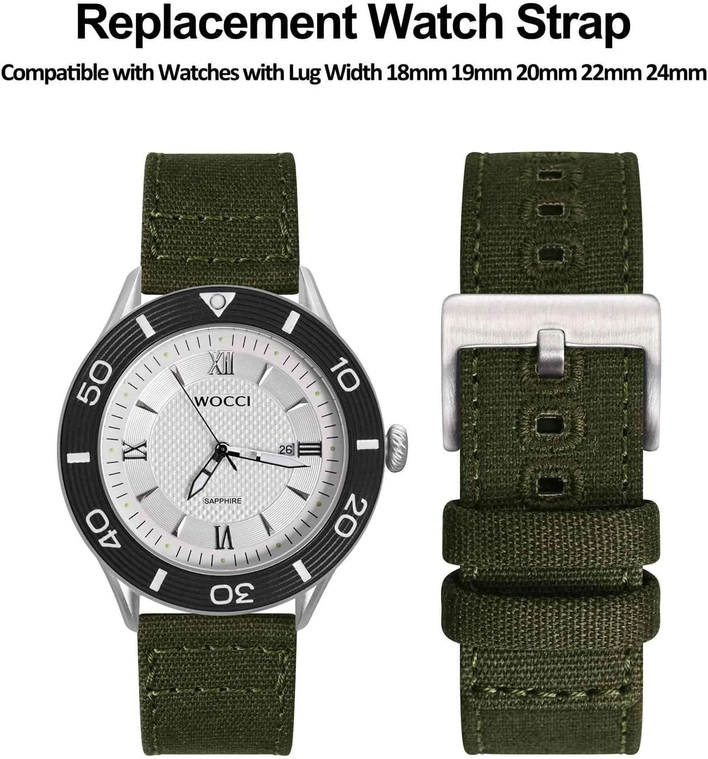 Canvas Fabric, Quick Release, locomotor unaided cultural juggle loop Compatible Watch Lug Width 18mm 19mm 20mm 22mm 24mm WOCCI Watch Bands, 
