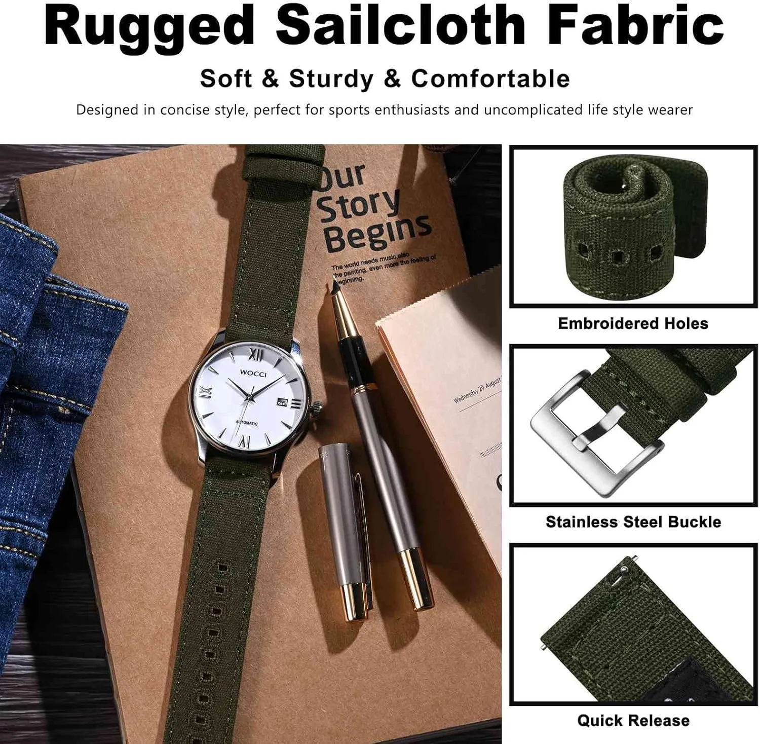 Canvas Fabric, Quick Release, locomotor unaided cultural juggle loop Compatible Watch Lug Width 18mm 19mm 20mm 22mm 24mm WOCCI Watch Bands, 