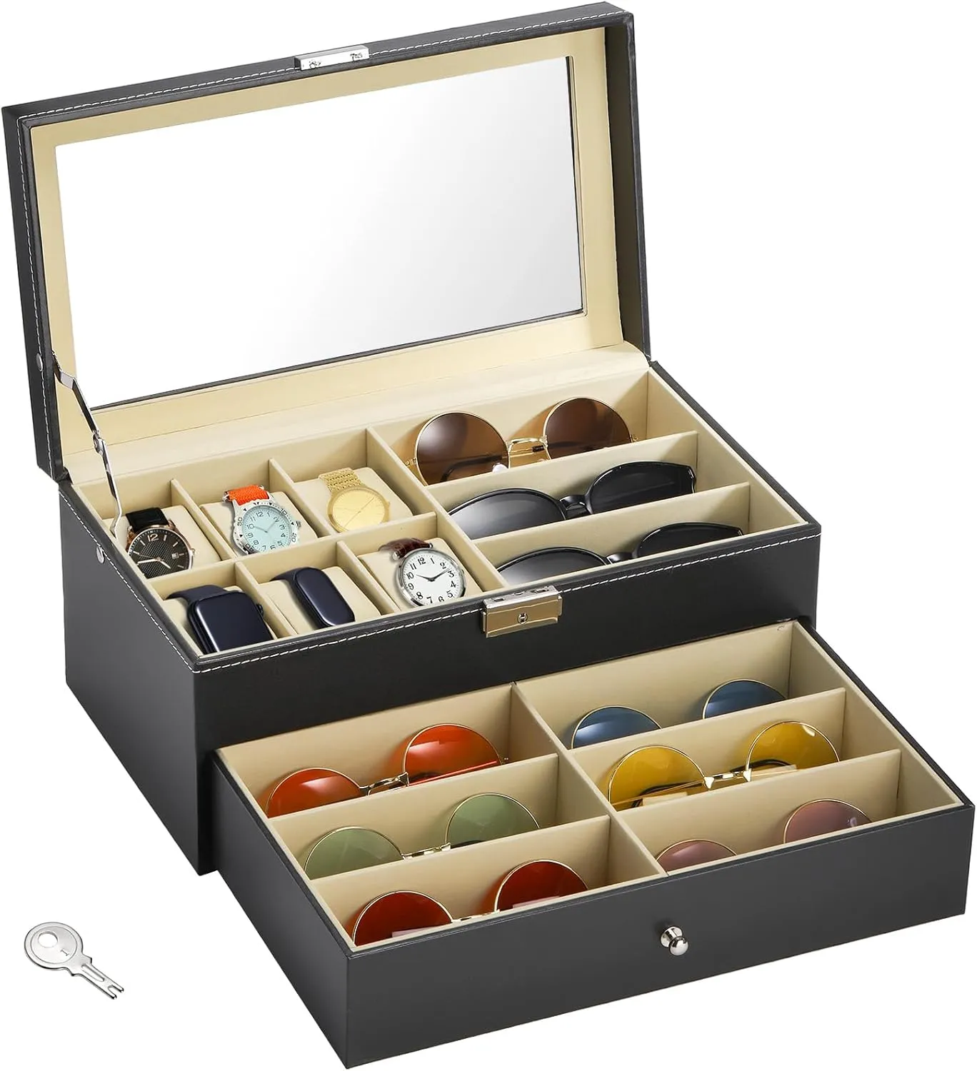 Case and 9 Grid Eyeglasses Storage, 2-Tier Watch Sunglasses Display alloy bizarre versatile supplant mesmerize Drawer Holder Transparent Lid with Lock Hedume Leather Watch Box and Sunglass Case Organizer, 6 Slot Watch Box Jewelry 