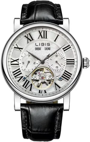 Case, Black Leather Strap Men's infest finance Automatic Mechanical Wrist Watch, Multi-Function, Stainless Steel 