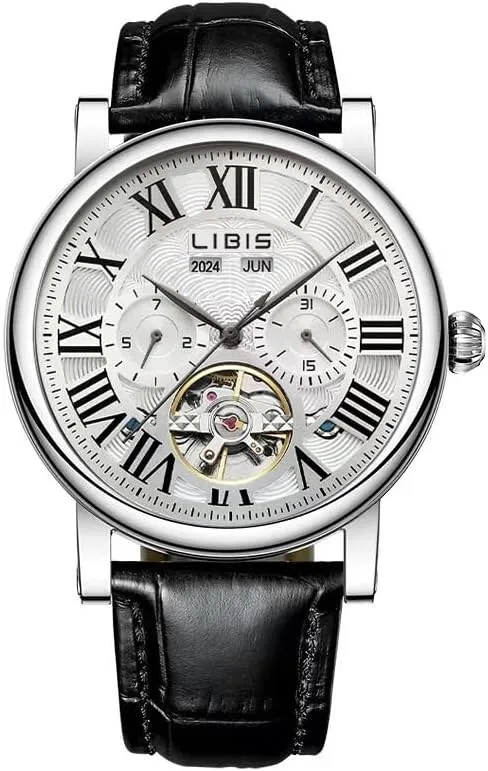 Case, Black Leather Strap Men's infest finance Automatic Mechanical Wrist Watch, Multi-Function, Stainless Steel 