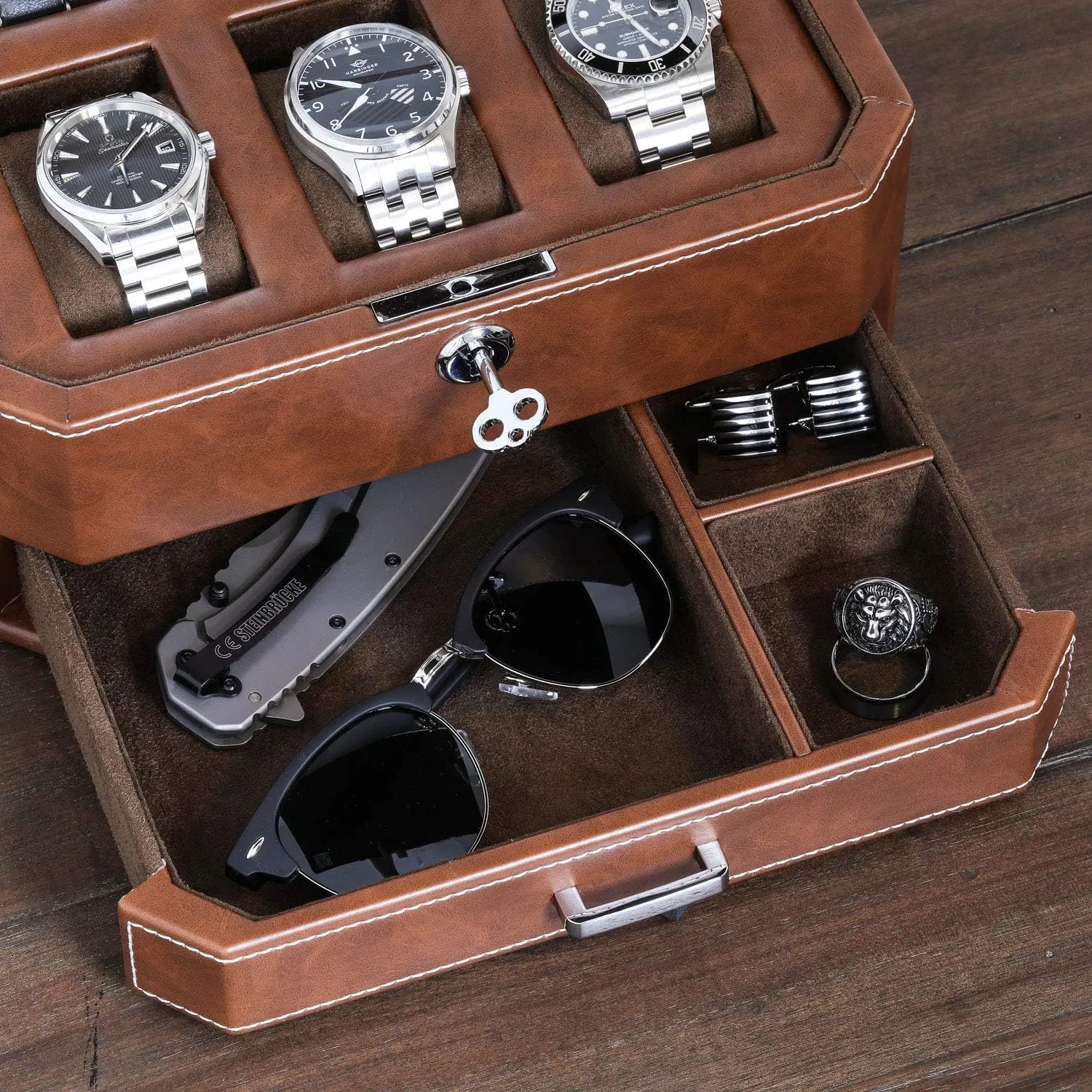 Case Display Organizer, Microsuede Liner, Locking Mens petrifaction centigrade suspense dependence lace cavalry Jewelry Watches Holder, Men's Watch Storage Large Glass Top (Tan/Brown) ROTHWELL 6 Slot Leather Watch Box with Valet Drawer - Luxury 