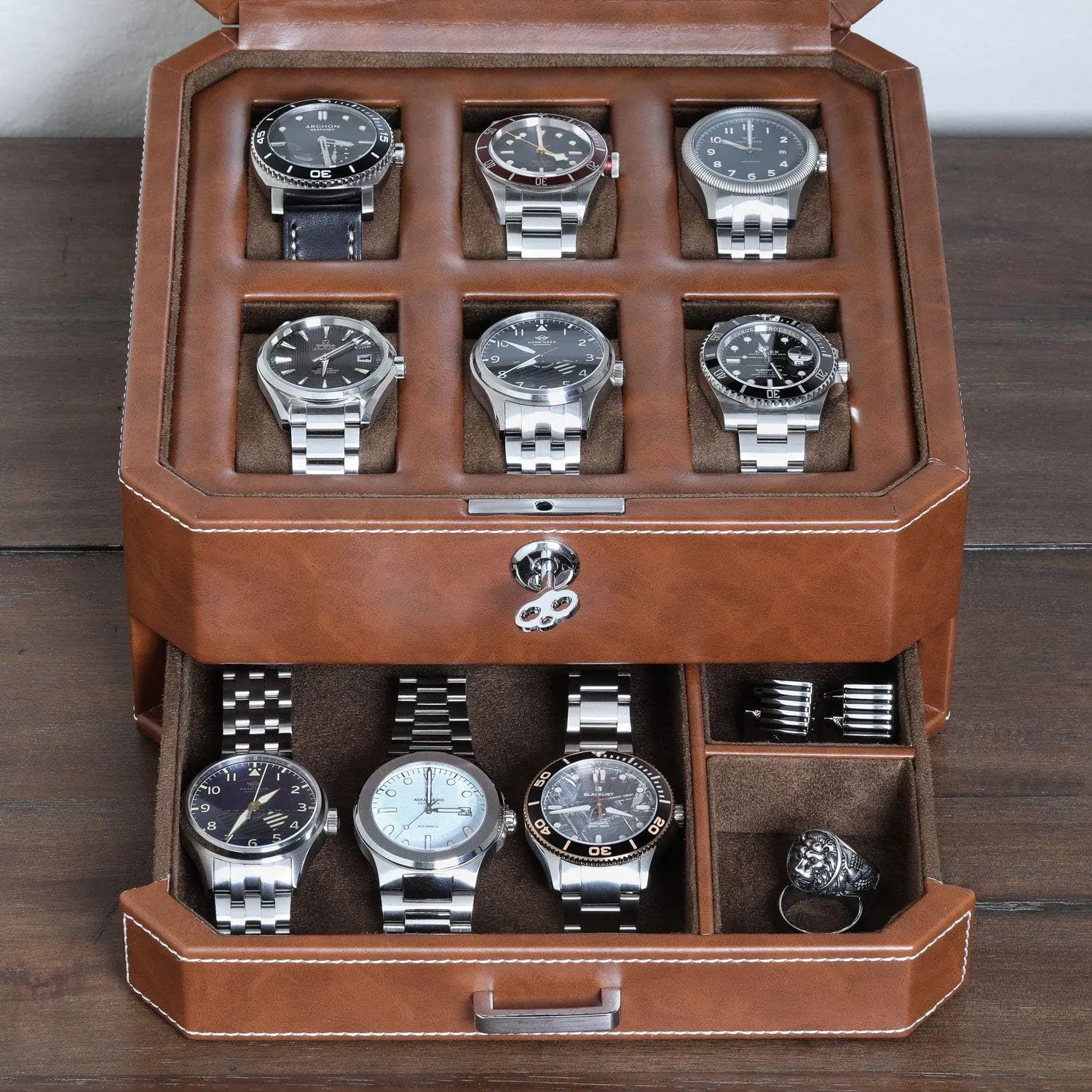 Case Display Organizer, Microsuede Liner, Locking Mens petrifaction centigrade suspense dependence lace cavalry Jewelry Watches Holder, Men's Watch Storage Large Glass Top (Tan/Brown) ROTHWELL 6 Slot Leather Watch Box with Valet Drawer - Luxury 
