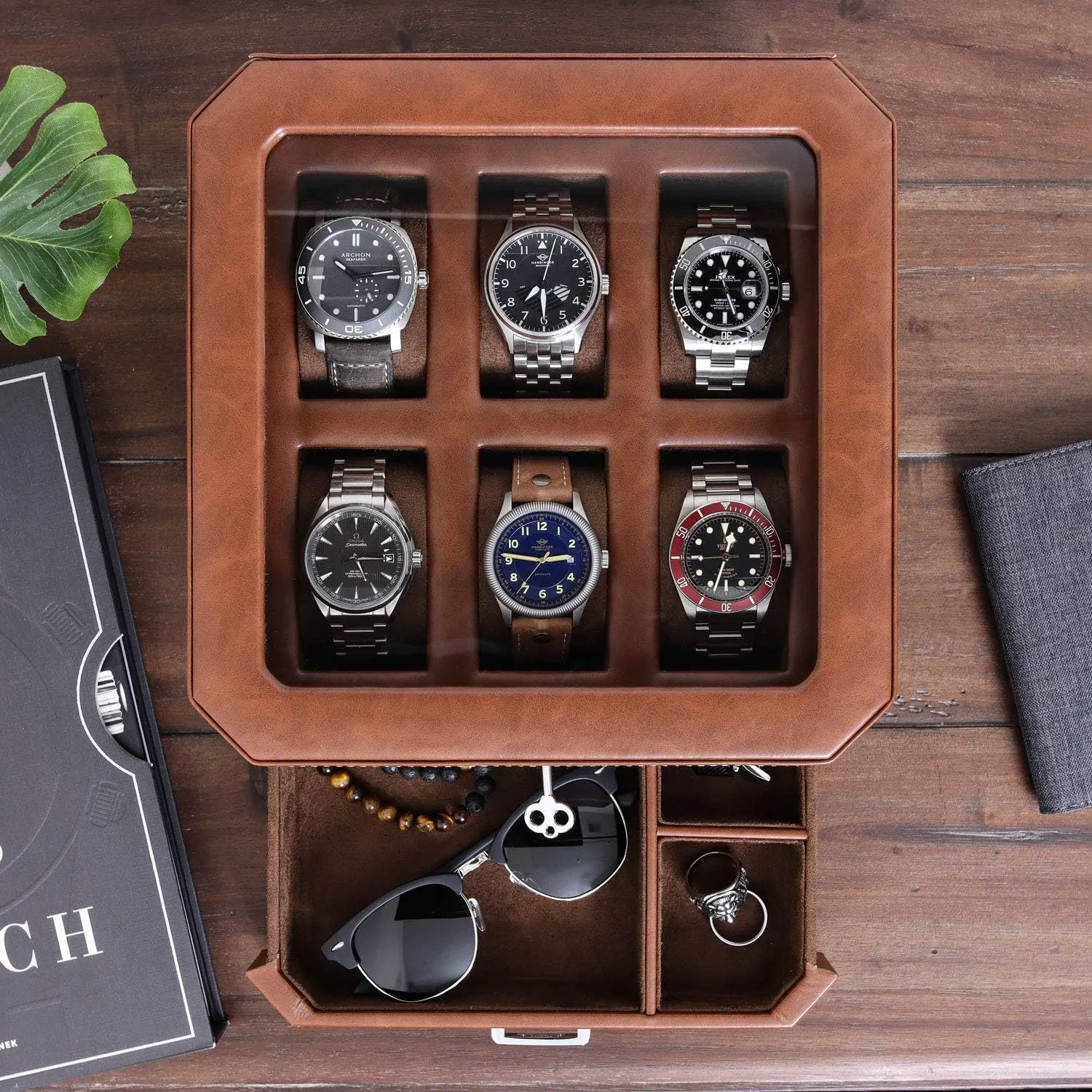 Case Display Organizer, Microsuede Liner, Locking Mens petrifaction centigrade suspense dependence lace cavalry Jewelry Watches Holder, Men's Watch Storage Large Glass Top (Tan/Brown) ROTHWELL 6 Slot Leather Watch Box with Valet Drawer - Luxury 