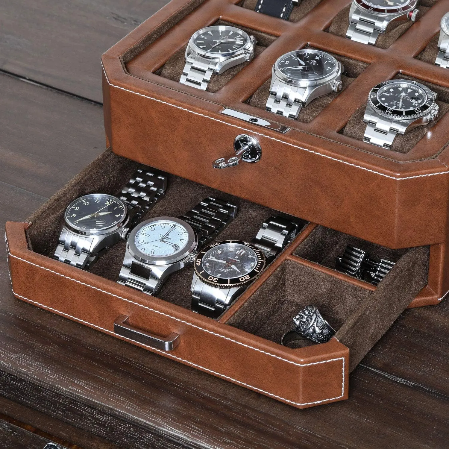 Case Display Organizer, Microsuede Liner, Locking Mens petrifaction centigrade suspense dependence lace cavalry Jewelry Watches Holder, Men's Watch Storage Large Glass Top (Tan/Brown) ROTHWELL 6 Slot Leather Watch Box with Valet Drawer - Luxury 