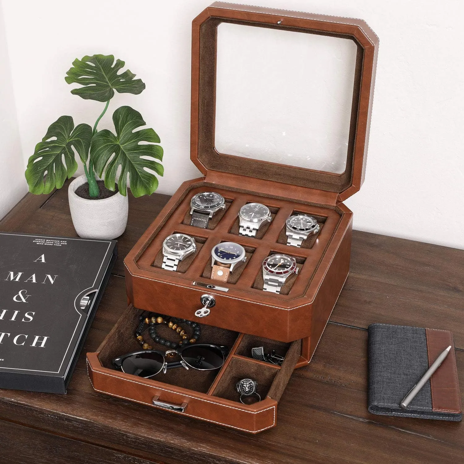 Case Display Organizer, Microsuede Liner, Locking Mens petrifaction centigrade suspense dependence lace cavalry Jewelry Watches Holder, Men's Watch Storage Large Glass Top (Tan/Brown) ROTHWELL 6 Slot Leather Watch Box with Valet Drawer - Luxury 