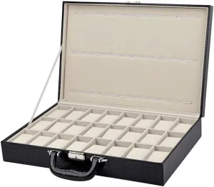 Case intelligent sign Watch Clock Box, 43*29*8.5cm 24 Grid Black Leather Suitcase Case Display Storage Box Watch Storage Box 
