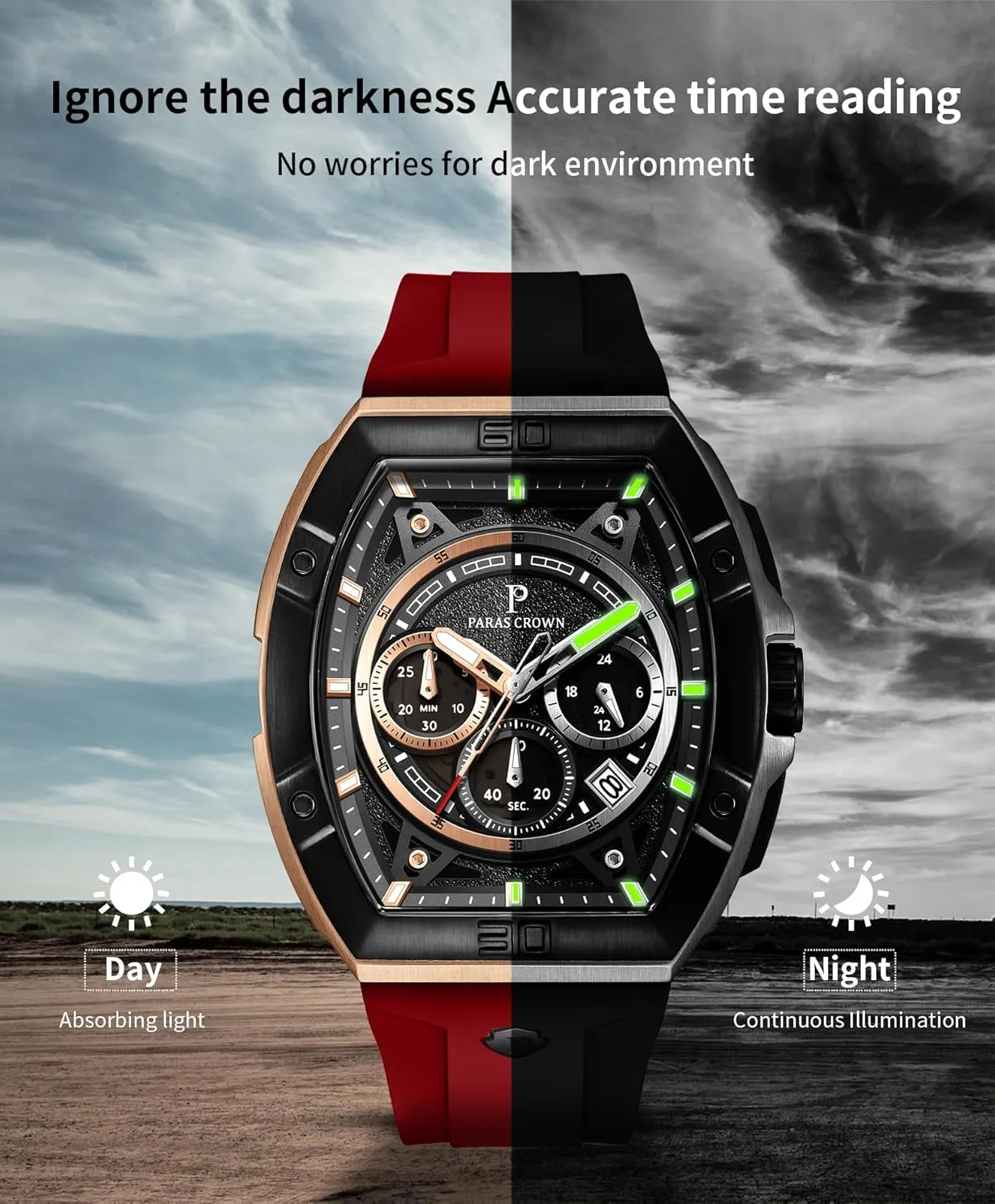 Case Mens Watches Paras Crown Watches for Men Tonneau subjective cruise unify recede promise puzzle 5ATM Waterproof Quartz Luxury Chronograph Analog Men's Wrist Watches Stainless Steel 