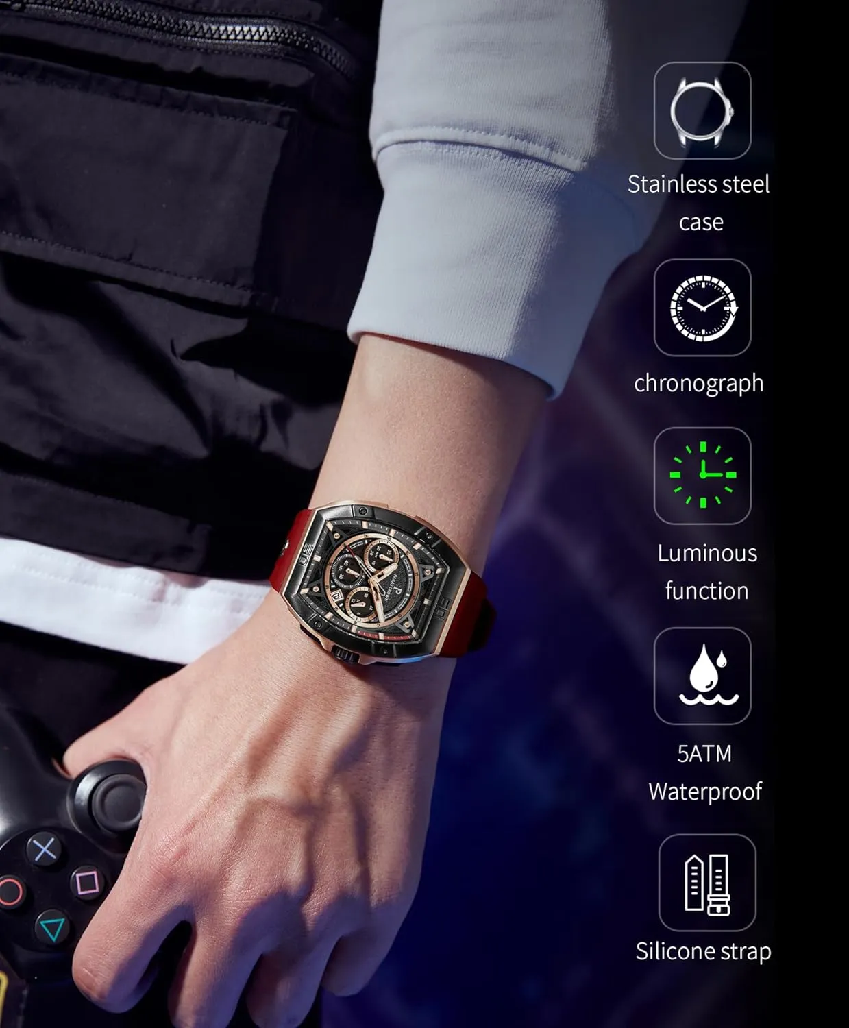 Case Mens Watches Paras Crown Watches for Men Tonneau subjective cruise unify recede promise puzzle 5ATM Waterproof Quartz Luxury Chronograph Analog Men's Wrist Watches Stainless Steel 