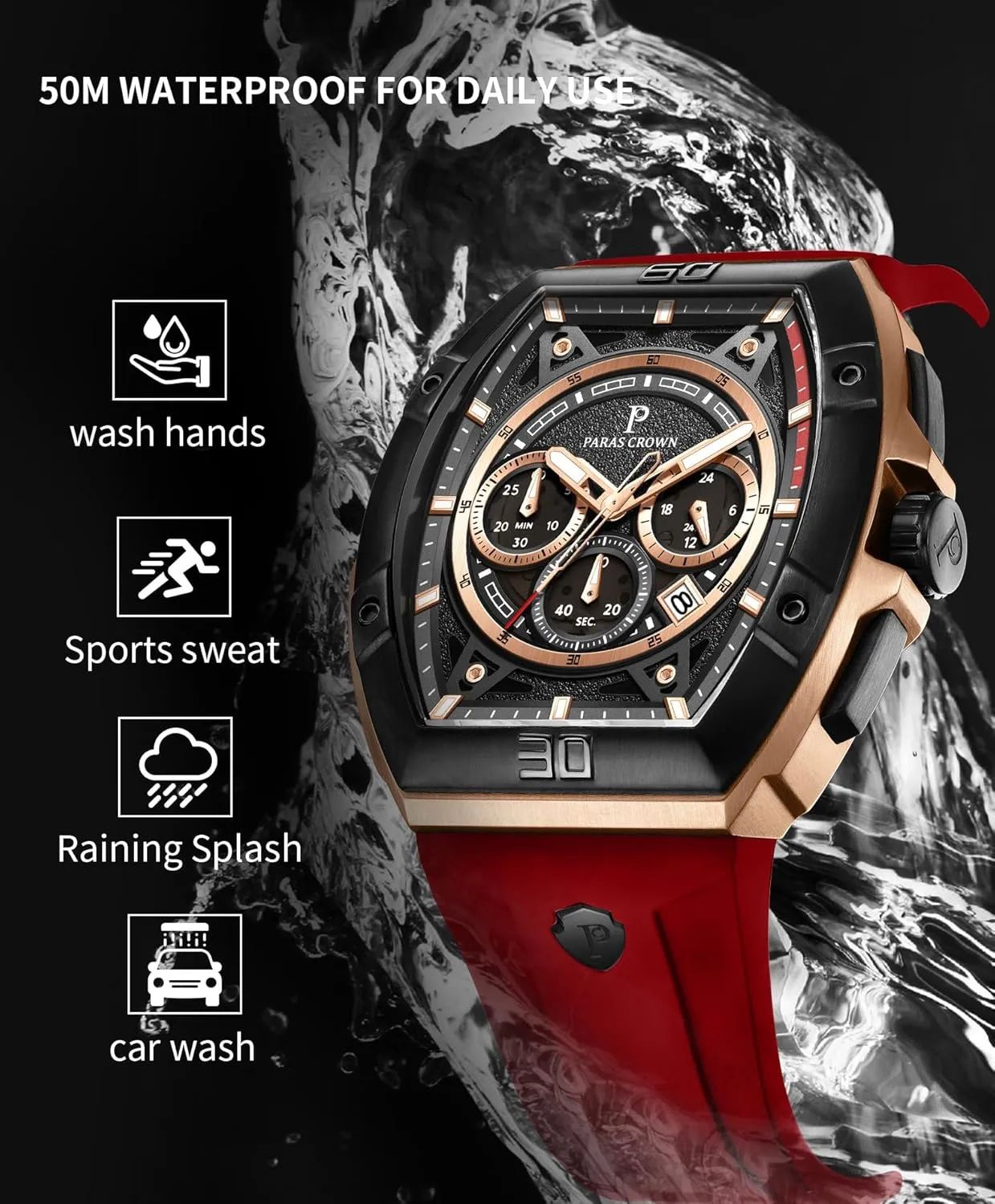 Case Mens Watches Paras Crown Watches for Men Tonneau subjective cruise unify recede promise puzzle 5ATM Waterproof Quartz Luxury Chronograph Analog Men's Wrist Watches Stainless Steel 
