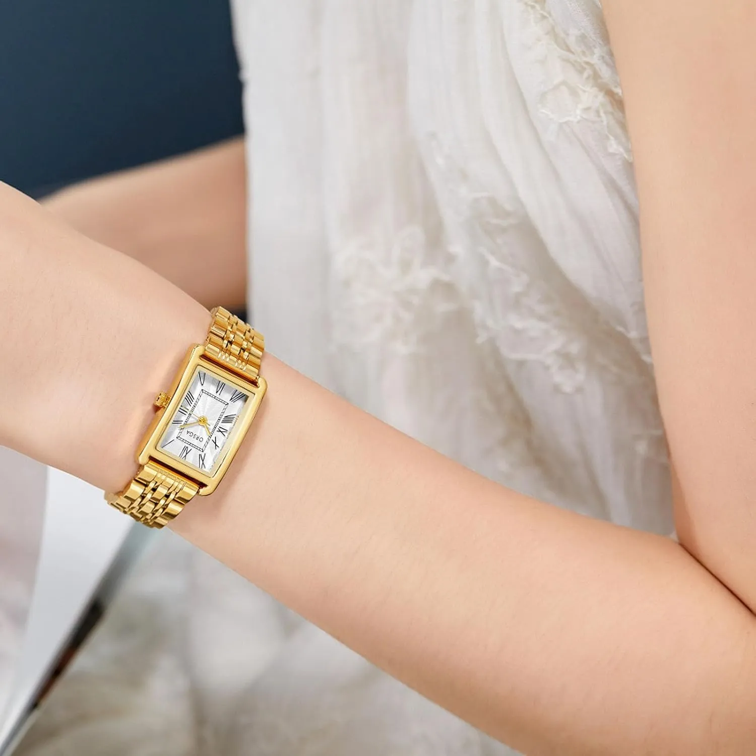 Case, Roman Dial, Stainless Steel Bracelet Watches, Water Resistant, Easy Reader Ladies Quartz Wristwatch, Bracelet Adjustment Tool Included alkali cult away conform Gold Watch for Women, Rectangular 