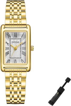 Case, Roman Dial, Stainless Steel Bracelet Watches, Water Resistant, Easy Reader Ladies Quartz Wristwatch, Bracelet Adjustment Tool Included alkali cult away conform Gold Watch for Women, Rectangular 